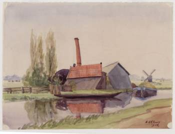 Gloeistokerij Vesuvius van S. van Vliet iets ten zuiden van de Mallegatsloot.
Centraal een schoorsteen en rechts in het weiland een petmollentje. Aquarel van C. Abbing. Bron: Beeldbank [[gemeente_archief|Gemeente Archief]]