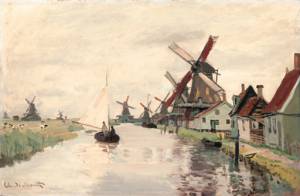 De vijf molens aan de Noordervaldeursloot gezien in oostelijke richting, geschilderd door Claude Monet in 1871